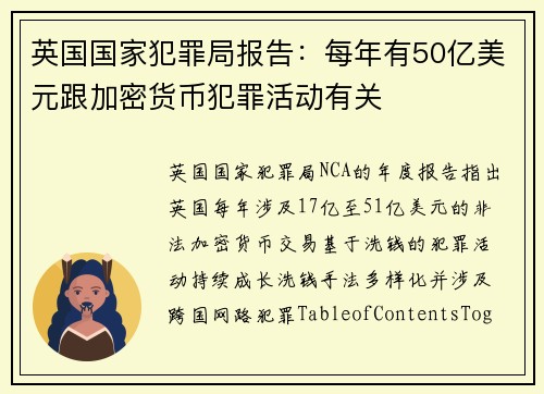 英国国家犯罪局报告：每年有50亿美元跟加密货币犯罪活动有关